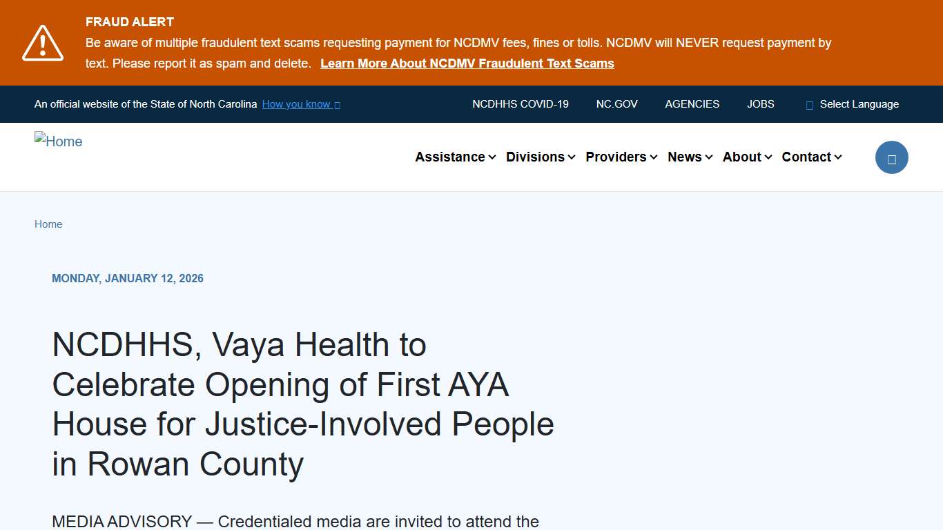 NCDHHS, Vaya Health to Celebrate Opening of First AYA House for Justice-Involved People in Rowan County NCDHHS